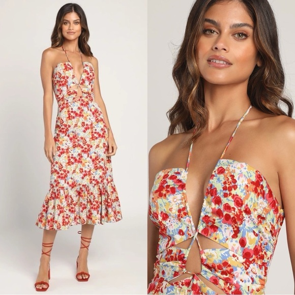 Lulus Dresses & Skirts - Lulus Stun th Scene Red Multi Floral Drawstring Halter Midi Dress